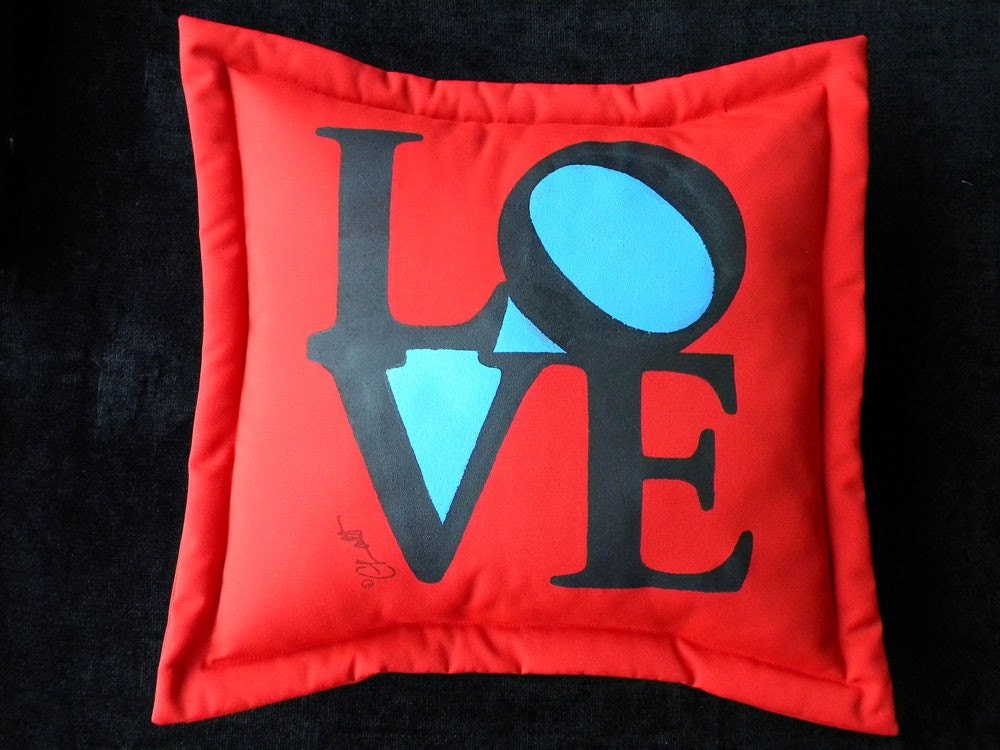 L O V E pillow 20" red blue black seventies groovy Robert Indiana pop art graphic message postage stamp Crabby Chris Original