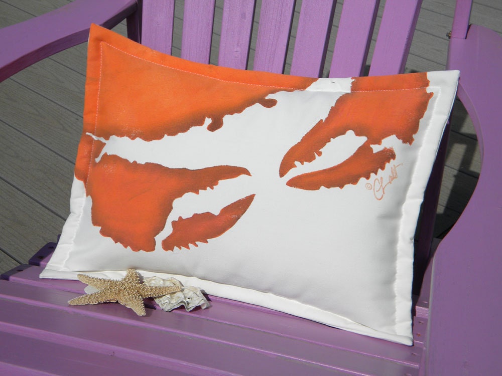 Crab beach Dungeness gyotaku pillow 14"x20"lumbar indoor outdoor seashore coastal crustacean Crabby Chris Original copyrighted design