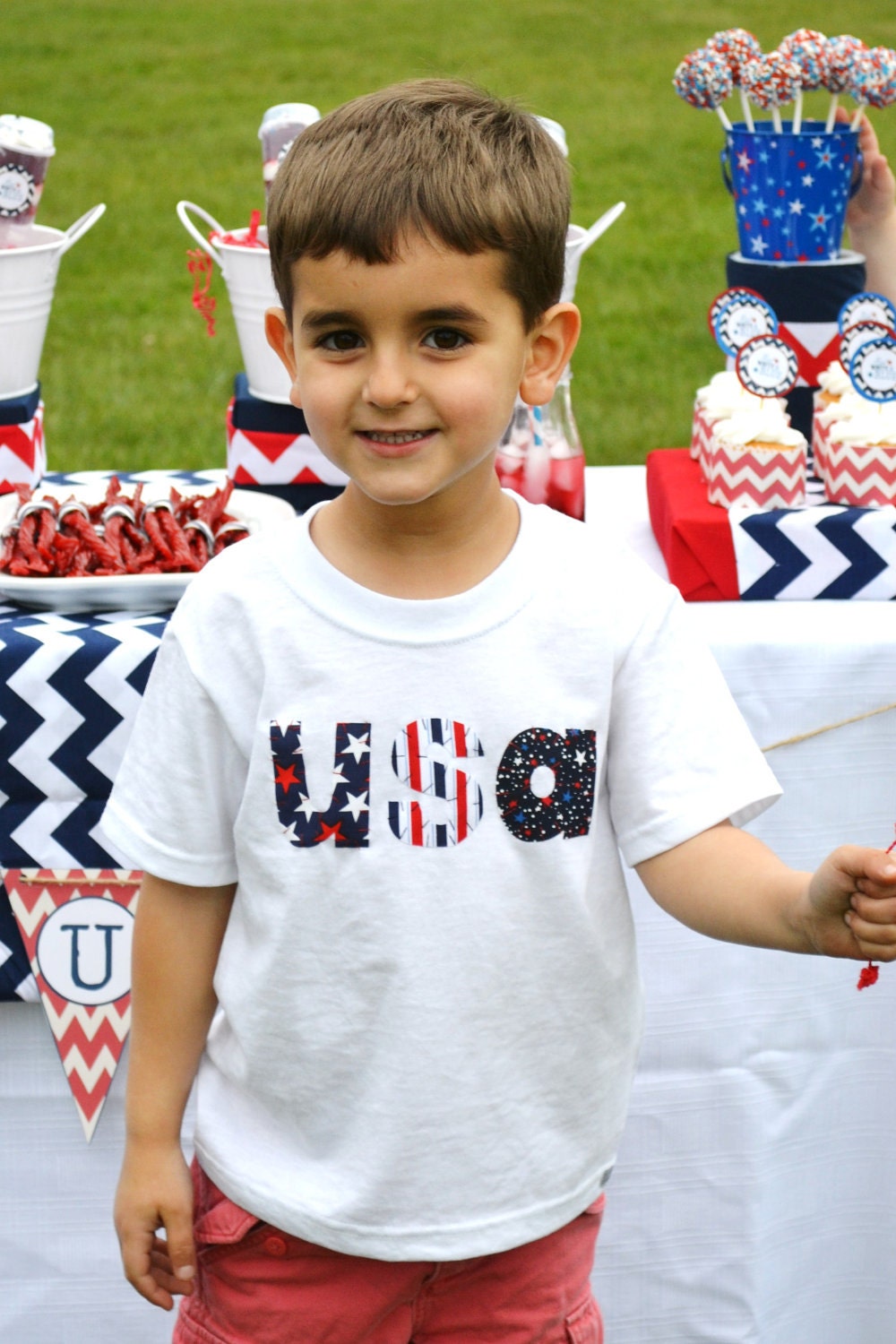 STARS & STRIPES Chevron Collection USA Appliqued Shirt Sz 3m-6T