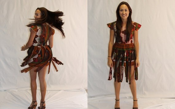 VIntage 1970s DressTribal Print Mini w Fringed Overskirt