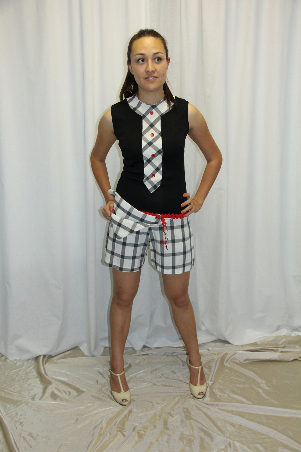 Vintage Romper Skort Black and White 1960s One Piece Shorts