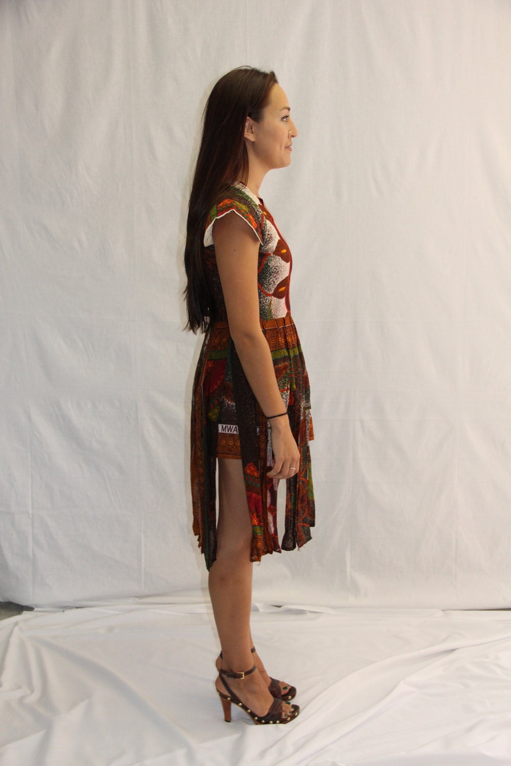 VIntage 1970s DressTribal Print Mini w Fringed Overskirt