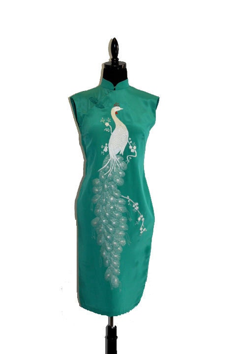 RESERVED FOR ERINVintage Dress Cheongsam Asia Style - Embroidered Peacock
