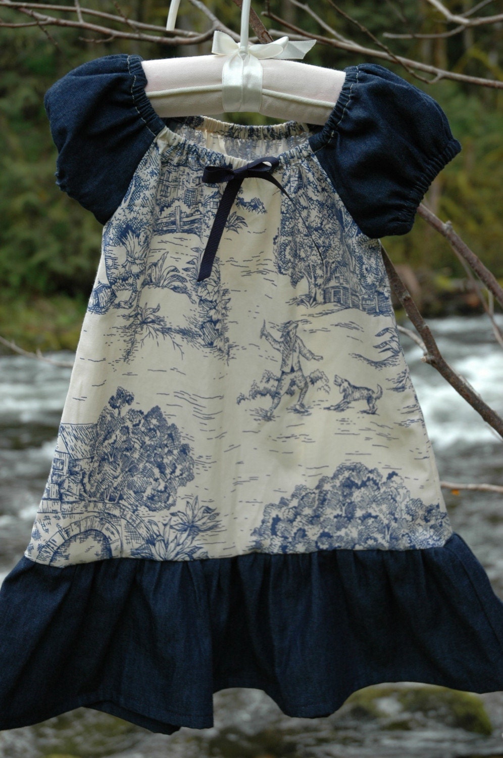 The Penelope Dress Vintage Inspired  Blue/Cream Toile Denim Peasant Style