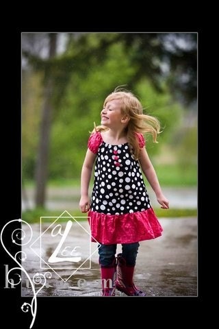 SALE- Katie Peasant Dress "Singing in the Rain" Big Black White Polka Dots Fuchsia Colored Flowers and Hand Covered Matching Buttons