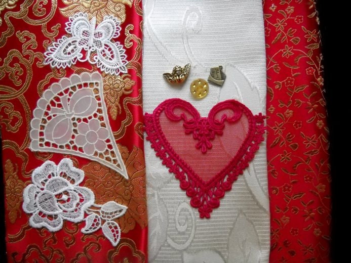 Red Heart Venice Lace Asain Silk Fabric Valentine Inspiration Crazy Quilting Kit