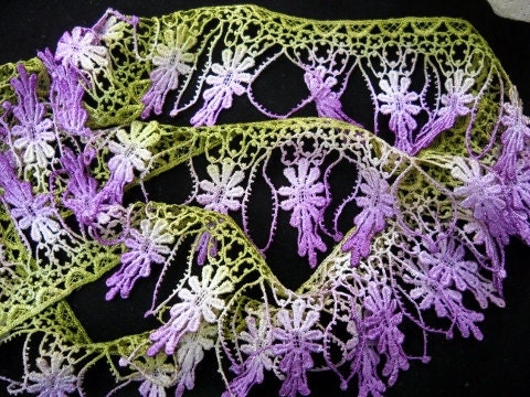 Lime Green Purple Hand Dyed Venise Lace Trim Yardage - RavioleeDreams