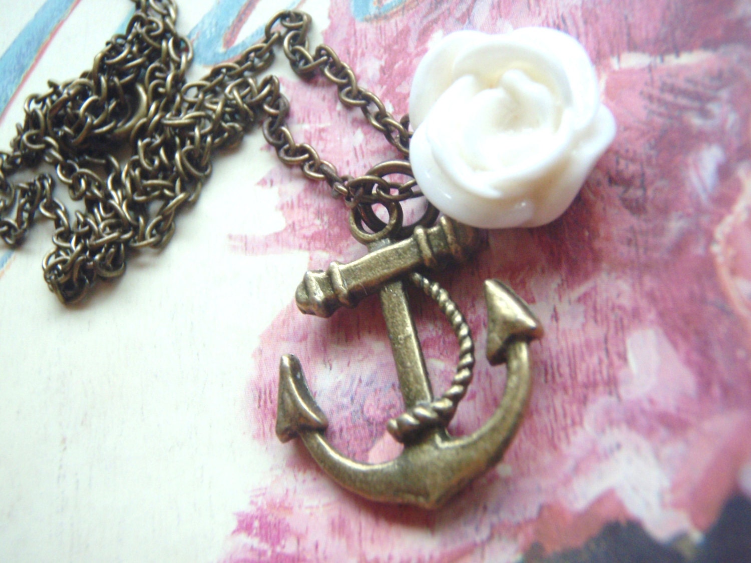 Anchor and Rose Necklace, Nautical, Ship, Antique Chain, Gift for Mom, Sister, Bridesmaids Gifts