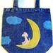 hand painted double sided denim tote bag -dog sitting on the moon  and a poodle blowing bubbles