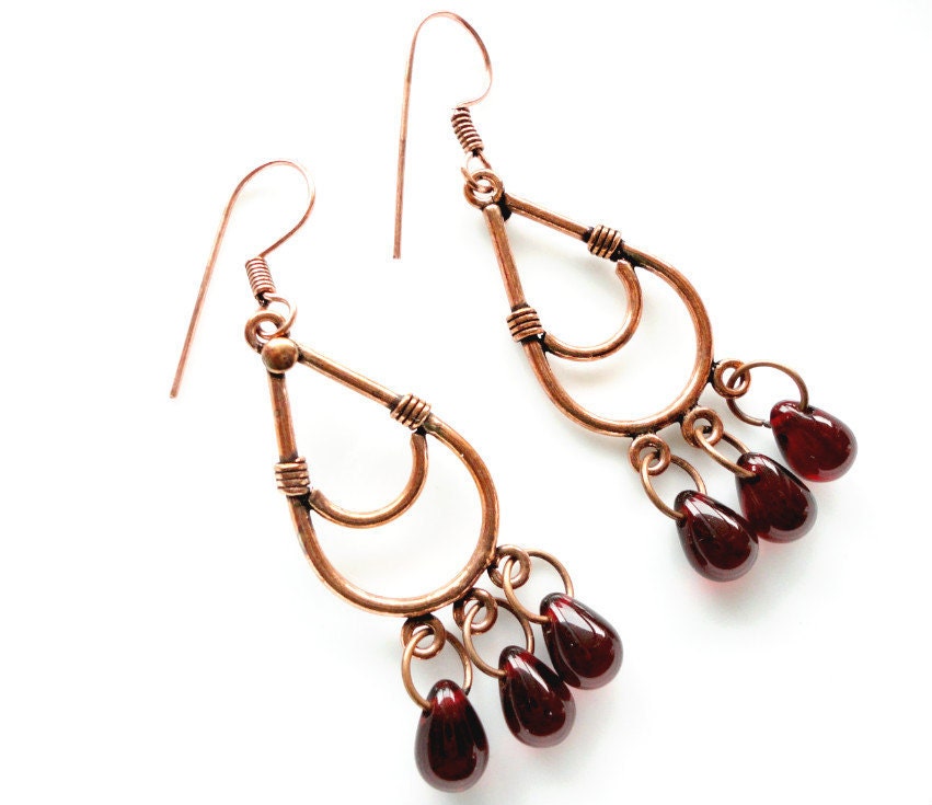 Spring Berries - Pomegranate, Red Glass, Red Wine, Burgundy, Teardrop, Chandelier, Antique Looking, Spring, Bead, Earrings
