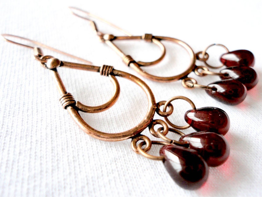 Spring Berries - Pomegranate, Red Glass, Red Wine, Burgundy, Teardrop, Chandelier, Antique Looking, Spring, Bead, Earrings