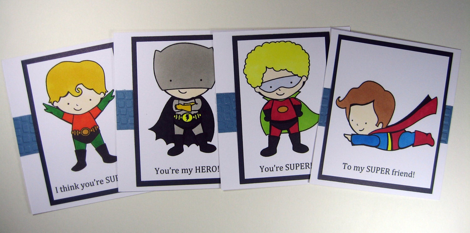 Superhero Mini Valentine Cards Set of 8 - Handcolored