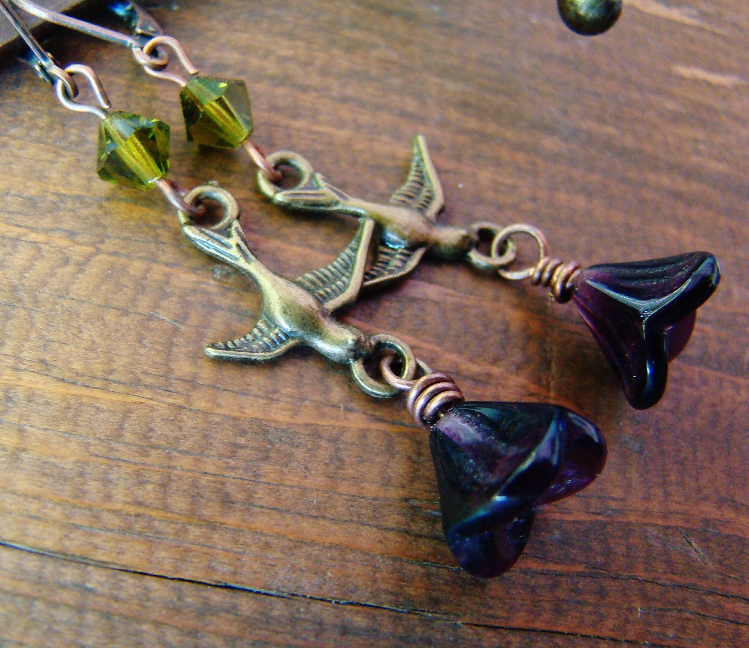 bird besties.  olive and violet.  czech bell flower earrings.