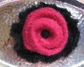 SALE Sparkling Black Ruffle and Bright Pink Felted Flower Pin