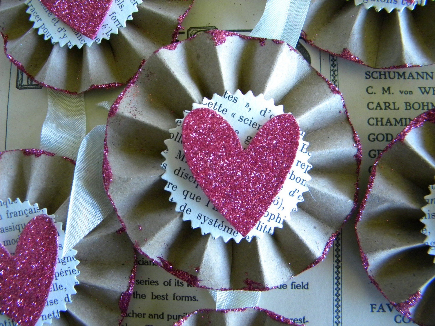 Pink Glittered Heart Medallion Tags... set of 6