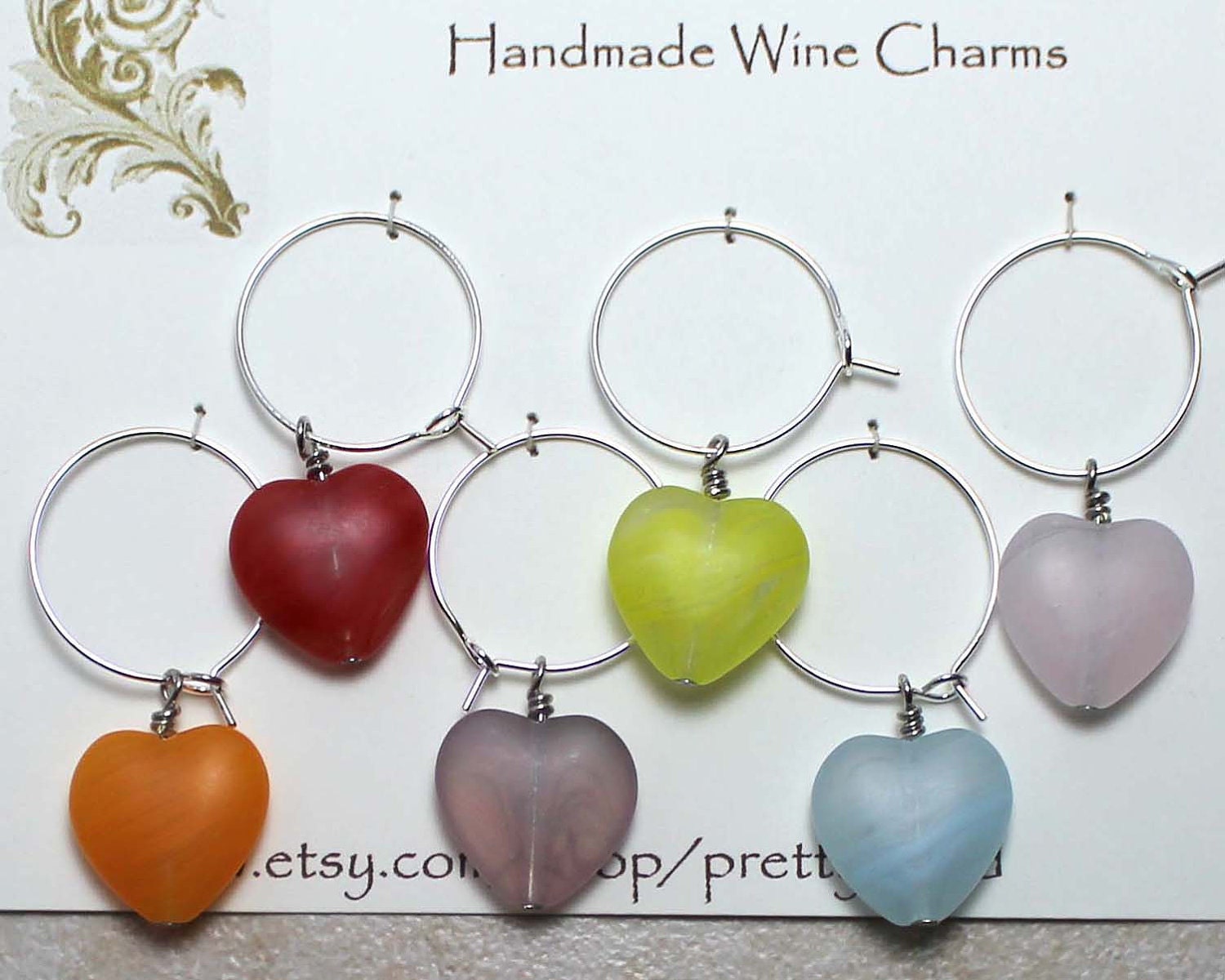 Wine Charms with Matte Rainbow Glass Hearts Set of 6 Cocktail Margarita
