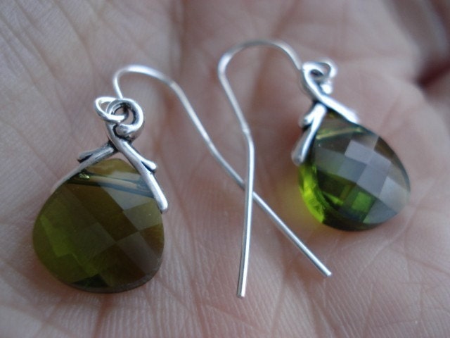 Sterling Silver and Crystal Earrings -- Olivine Swarovski Dangles -- Olive Branches