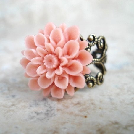 Flower Ring, Pink Chrysanthemum on Antiqued Brass Filigree, Adjustable Ring, Flower Jewelry