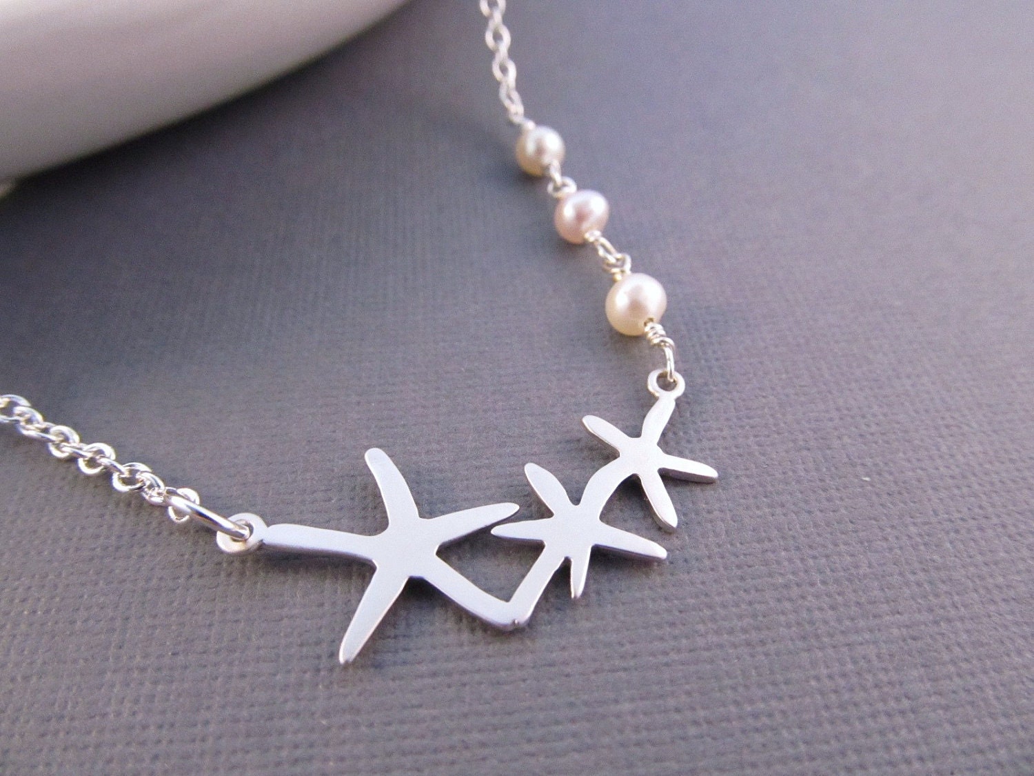 Starfish Necklace, Silver Sea Stars with Freshwater Pearls, Pendant Necklace, Beach Wedding,  Strand Necklace, Fashion Jewelry
