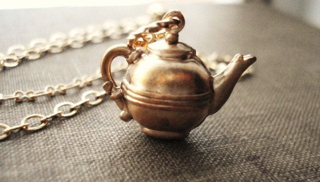 Tea Pot Necklace, Vintage Brass Teapot Charm, Pendant Necklace, Whimsical Jewelry, Coffee Pot, Food Necklace