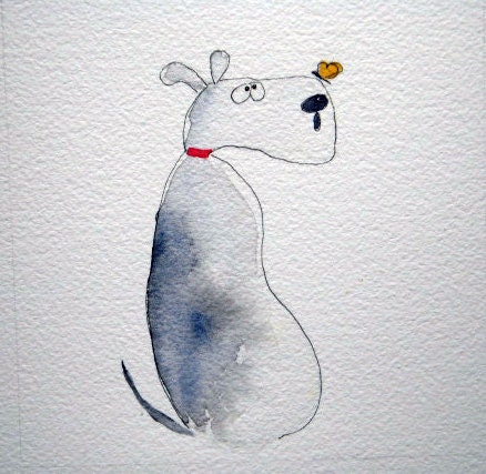 Winston - Dog with butterfly original watercolor, custom, simple, whimsical, pen and ink, white dog, grey dog