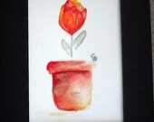 Little Red Tulip - original watercolor, lone tulip in pot, terracotta, snail, garden, red, simple, matted