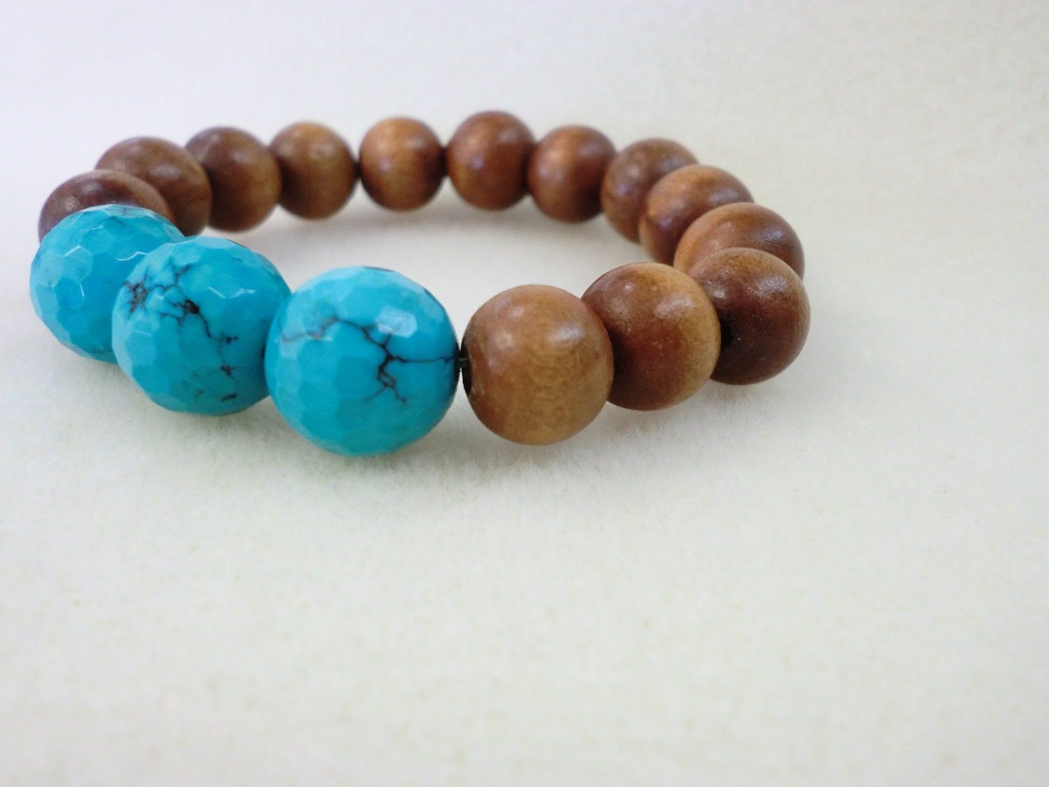 Natural Wood with Disco Faceted Turquoise Rounds