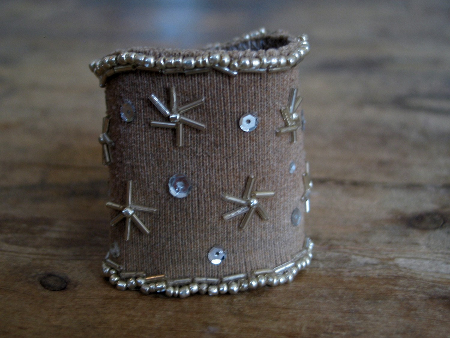 textile cuff  - fabric cuff - beaded cuff - silver cuff - sequin cuff - mad max - futuristic eco fashion "stardust" OOAK