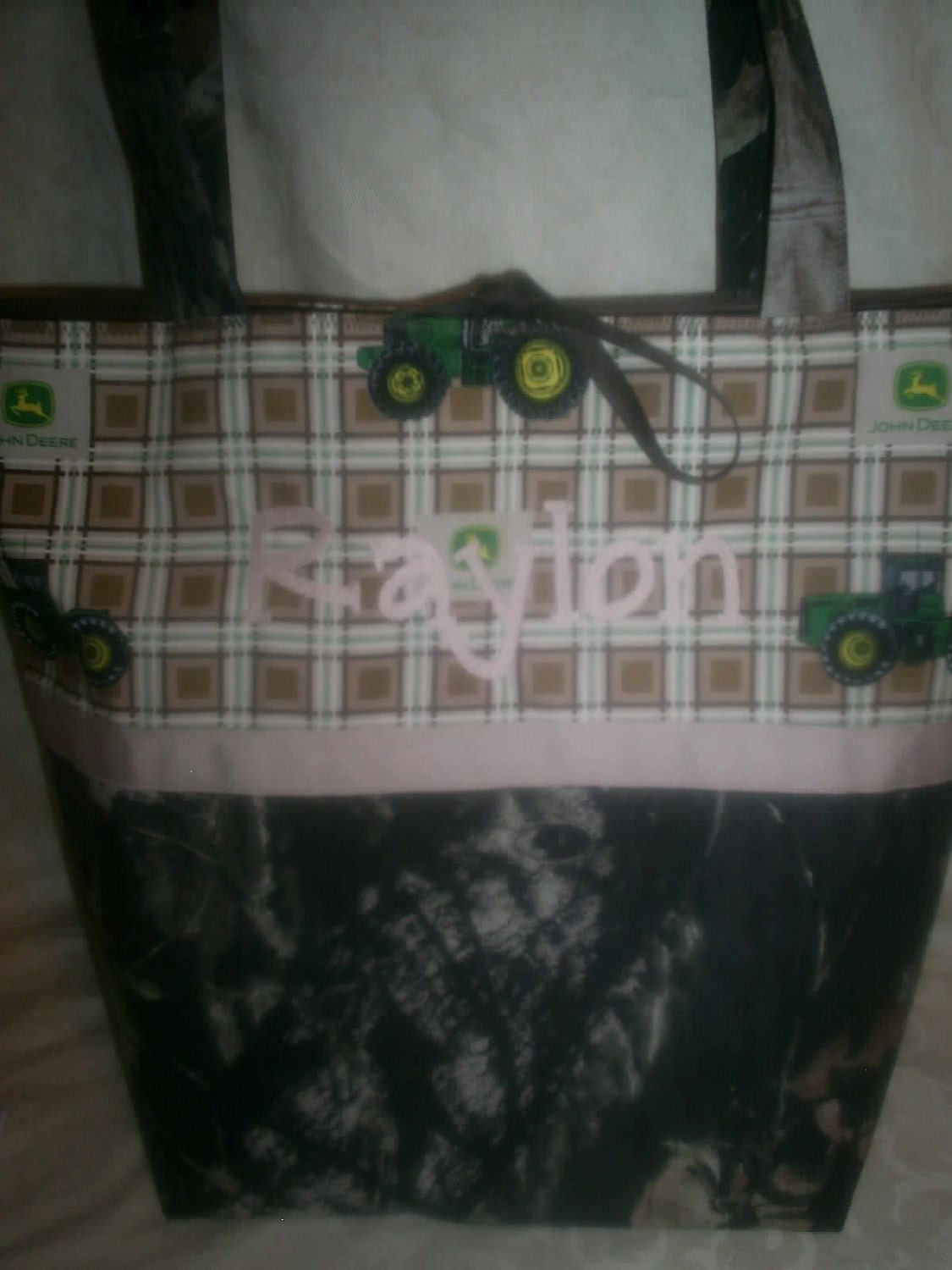 Handmade mossy oak camo camoflauge and John Deere  diaper bag/ tote your choice of name