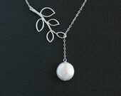 Lariat pearl necklace, branch leaf, Sterling Silver chain - wedding bridal jewelry, bridesmaids gifts favor, birthday gifts
