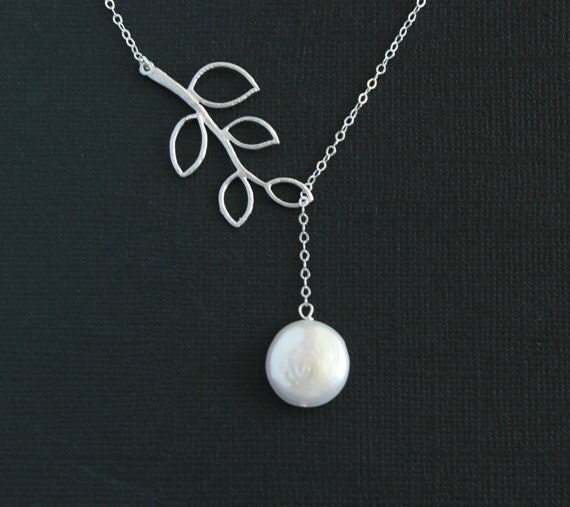 Lariat pearl necklace, branch leaf, Sterling Silver chain - wedding bridal jewelry, bridesmaids gifts favor, birthday gifts