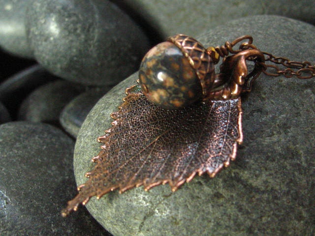 Leaf  Acorn Necklace Real Birch Leaf Antique Copper  Leopard Jasper Acorn - - 17" Antique Copper Chain Included