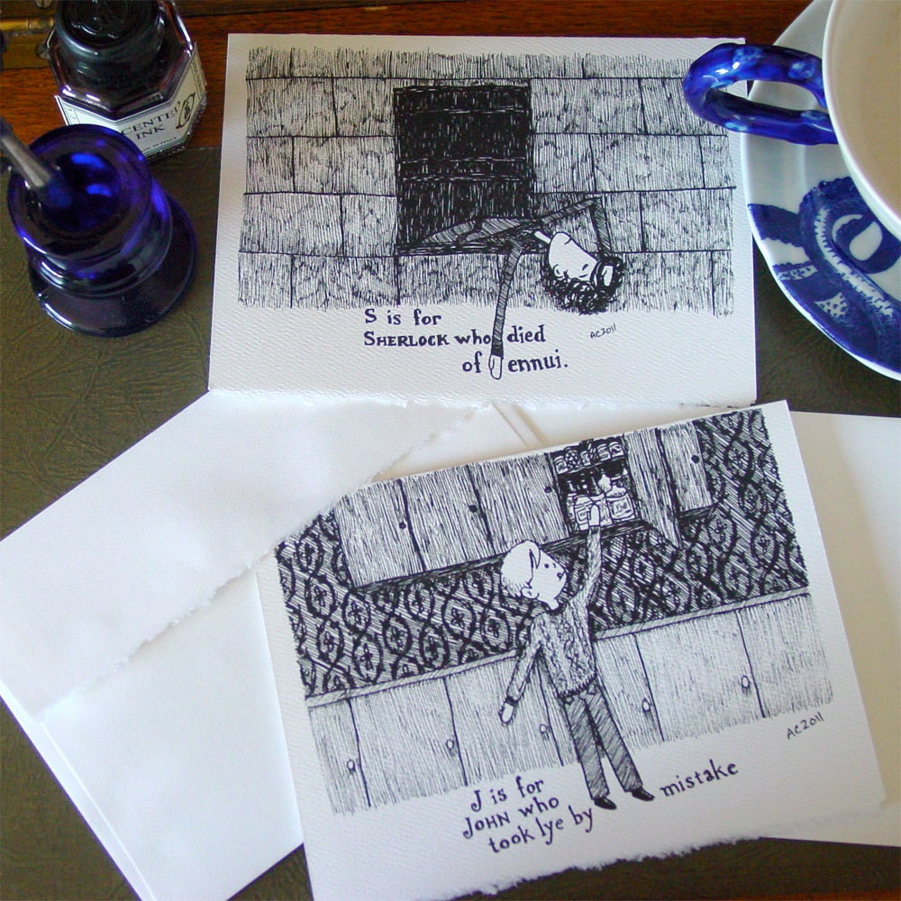 Sherlock Holmes and John Watson - Handmade Cards in the Style of Edward Gorey