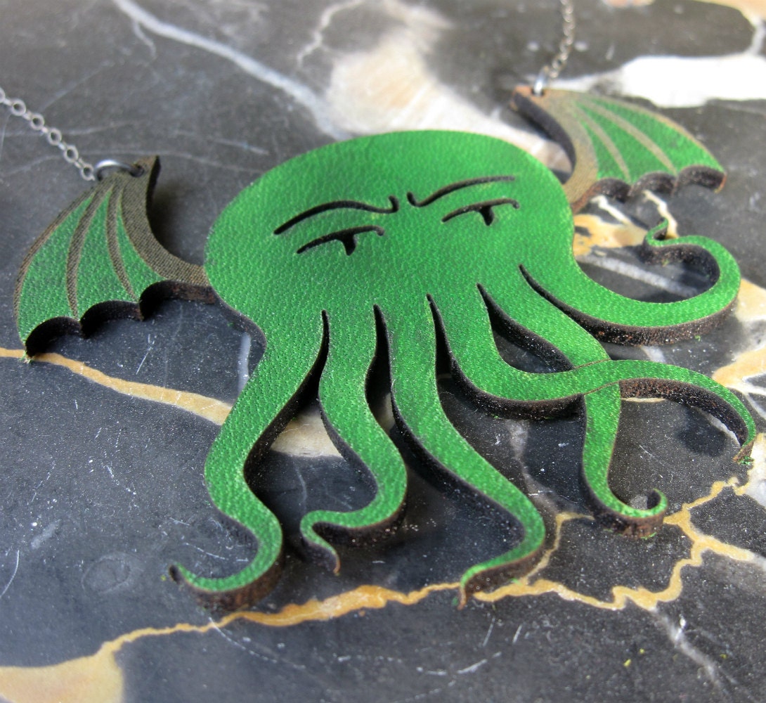 Cthulhu Necklace - Weeble Cthulhu in Laser-Cut Leather
