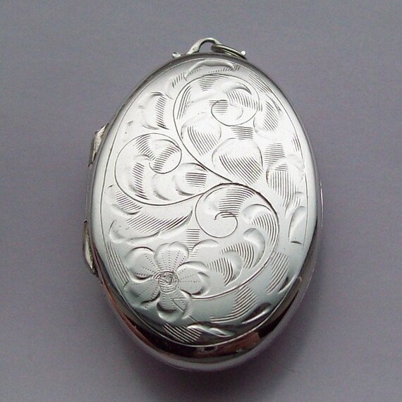 Large Sterling Silver Locket Etched Flower Design Neo Victorian