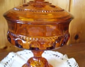 10 Dollar Sale Beautiful Antique Indiana Amber Glass Candy Jar Compote w/Lid  Kings Crown Pattern