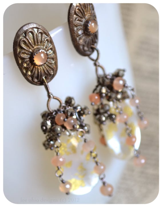 SALE Edwardian wedding Mother of Pearl chandeilier earrings, Vintage inspired peach posts, 'Lavinia'