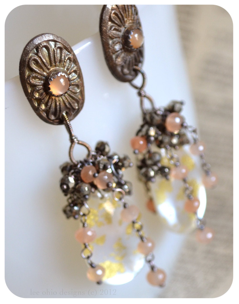 SALE Edwardian wedding Mother of Pearl chandeilier earrings, Vintage inspired peach posts, 'Lavinia'