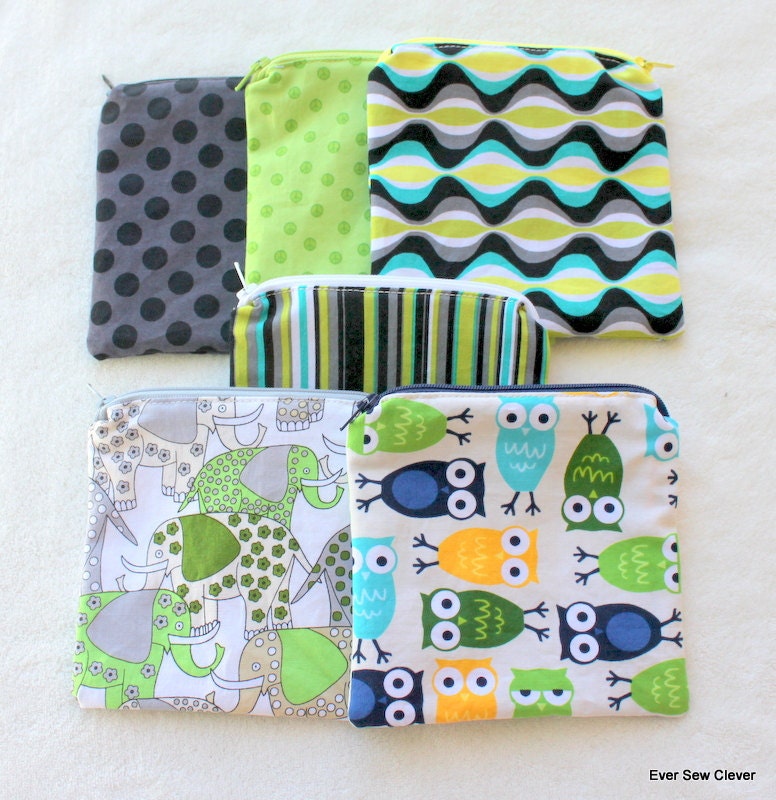 Cloth Snack Bag Reusable ZIPPER TOP - BPA Free Michael Miller Lagoon and Robert Kaufman Owls Set Of 6