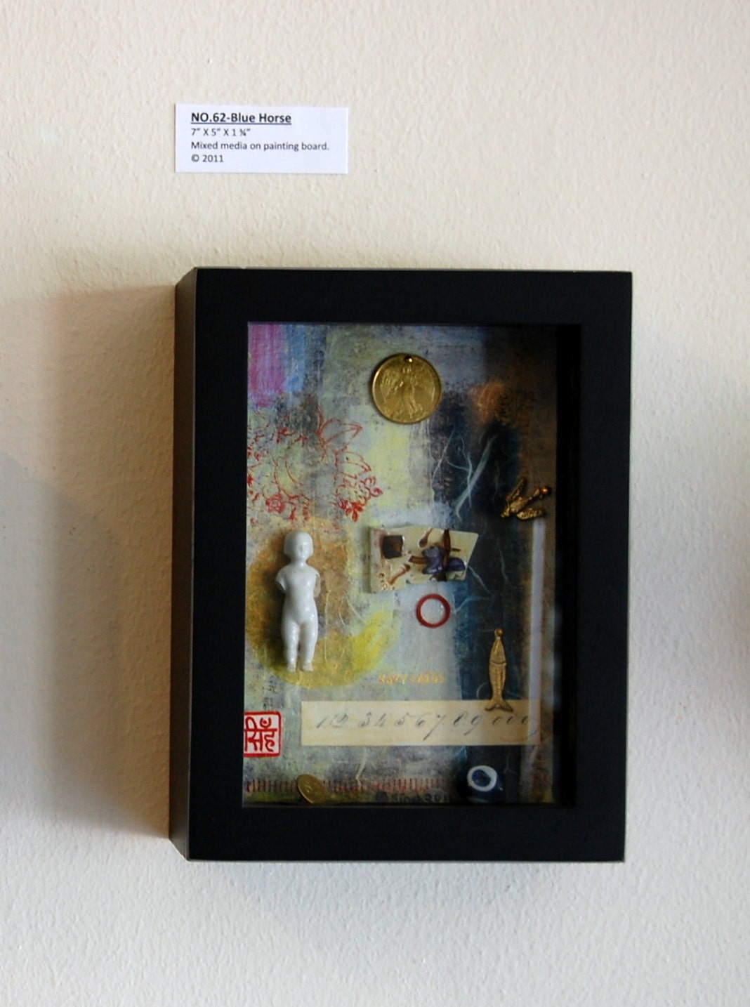 No. 62 - Blue Horse - original art, OOAK, fine art, unique, mixed media, 3-D painting, Carolyn Singh, collage