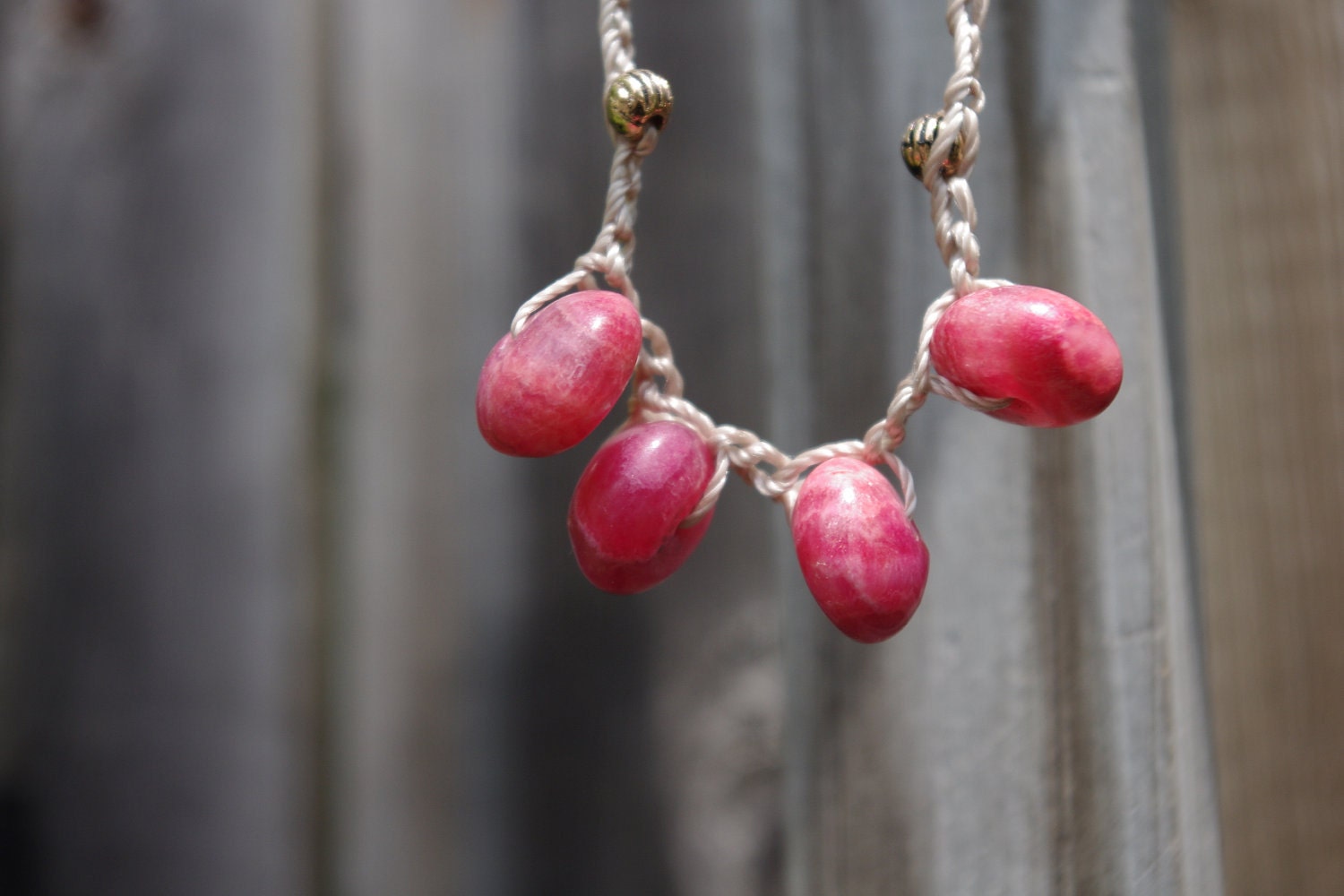 Crochet Necklace Berry-Pink Rhodochrosite Natural Stone Boho Chic