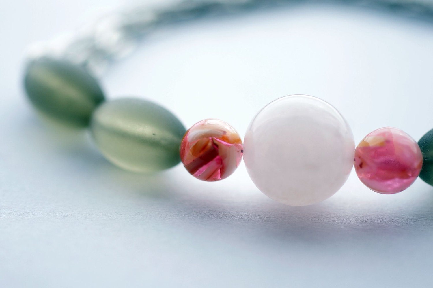 Bracelet: Olive-shaped GreenTea SeaGlass Beads and RoseQuartz Ball with Platinum Color Chain unique gift