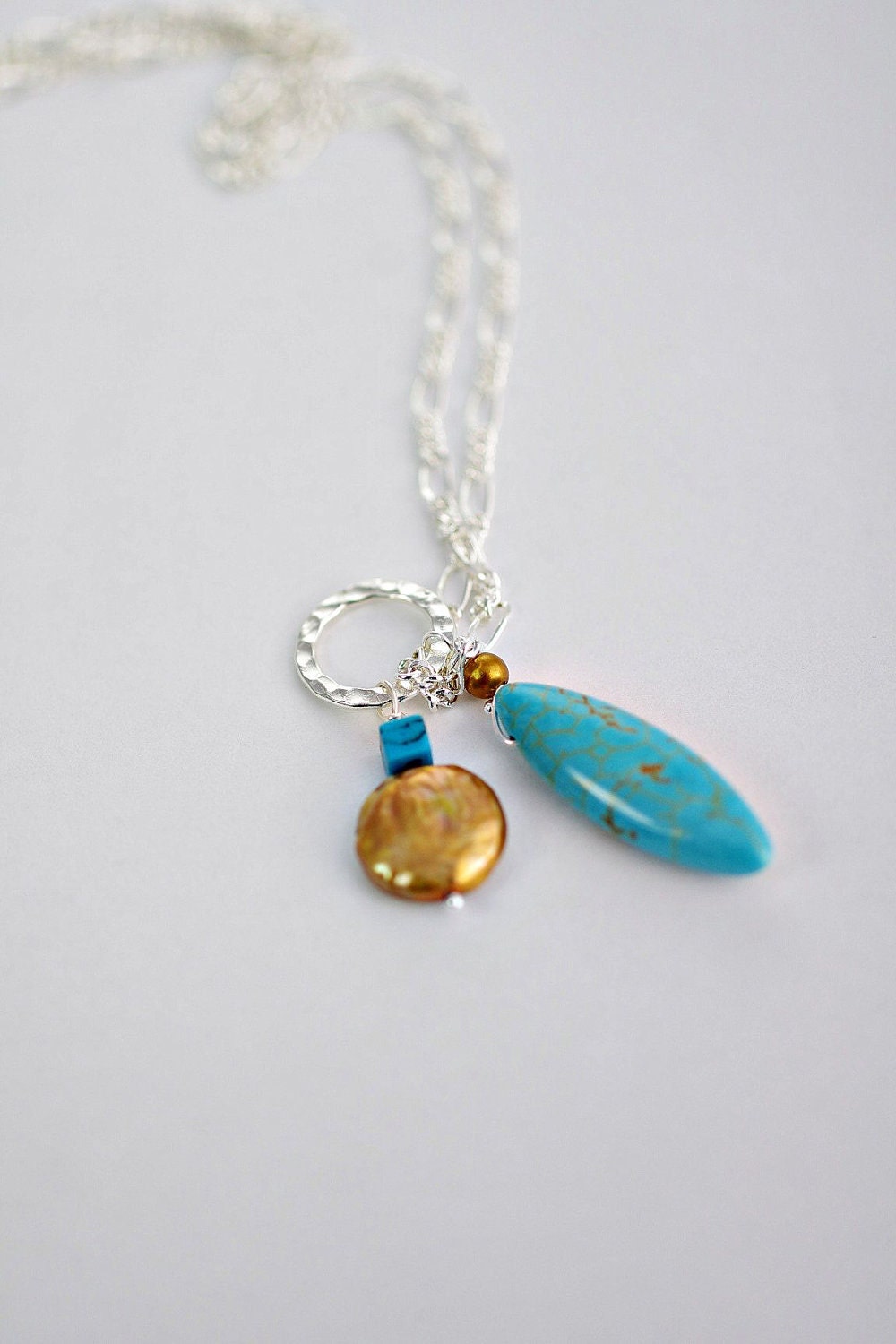 Light Blue Marquise Magnesite, Golden Coin Freshwater Pearl, Turquoise Cube Dangle Pendant with Sterling Silver Circle Fashion unique gift