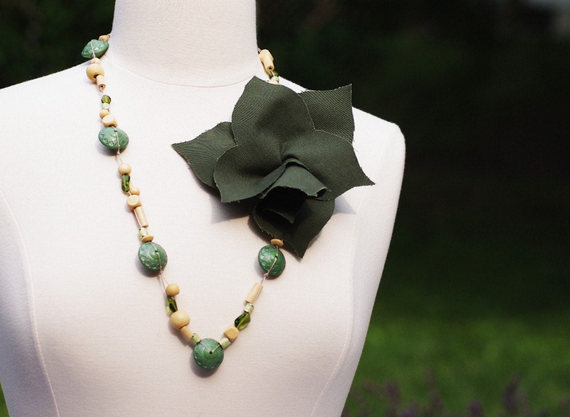 Recycled Military green flower with vintage green Lucite beads and natural wood beads necklace