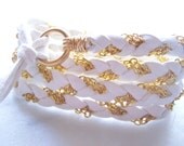 Rich White Deerskin Leather Wrap Bracelet, Gold Chain, Cuff, Anklet, Fits all wrist sizes, Braided, Wire Wrapped, Stack Bracelet