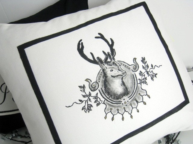 Deer Pillow Cover White Victorian Hand Painted
