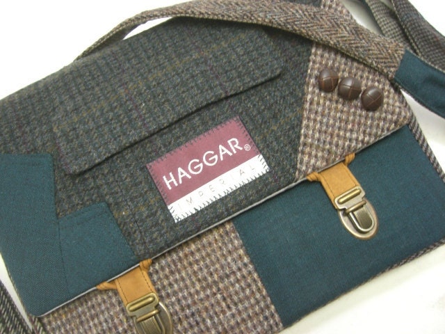 Messenger Bag, iPad Case, collar and sleeve accents, trunk latches, Eco Friendly Recycled Suit Coat