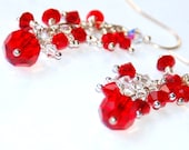 Red and White Crystal Earrings- Sterling Silver- Chandelier - Wire Wrapped