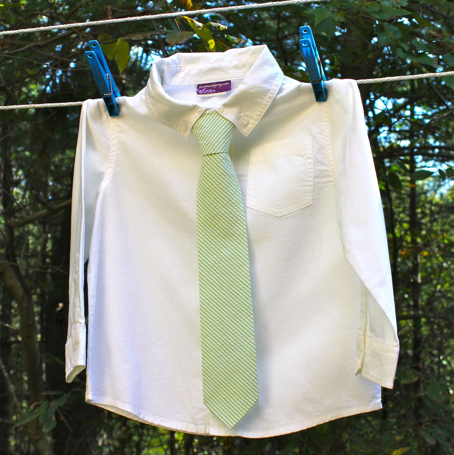 Baby Boy's Tie - Green Seersucker - Light Green and White Stripe Necktie