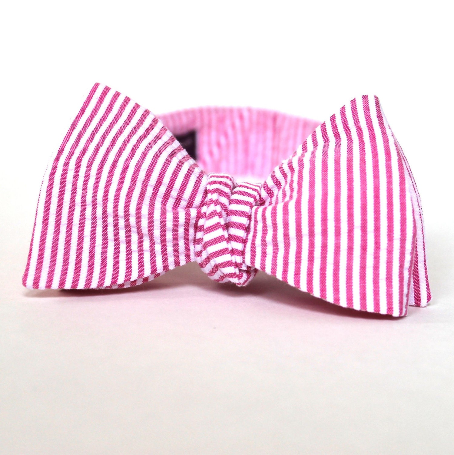 Men's Bow Tie - Fuchsia Seersucker - Hot PInk and White Stripe Bowtie - Adjustable